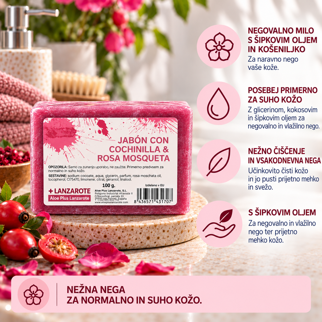 Ročno izdelano milo s šipkovim oljem in košeniljko, 100 g - slika 3